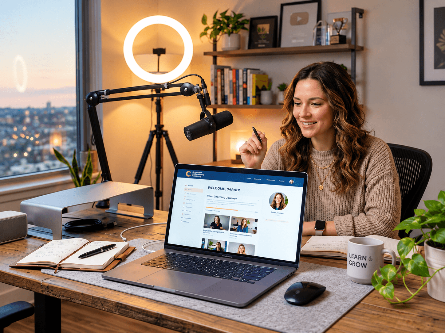 A course creator at a home studio desk with a ring light and microphone, reviewing her own branded online course platform on a laptop