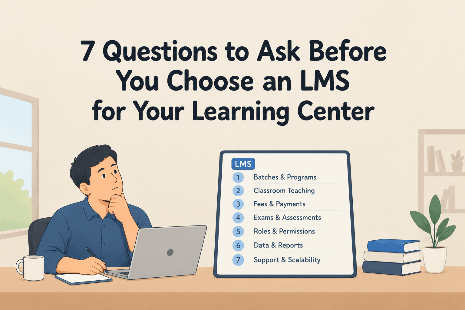 A learning center manager at a laptop beside a board listing seven things to check in an LMS: batches, classroom teaching, fees, exams, roles, data and support