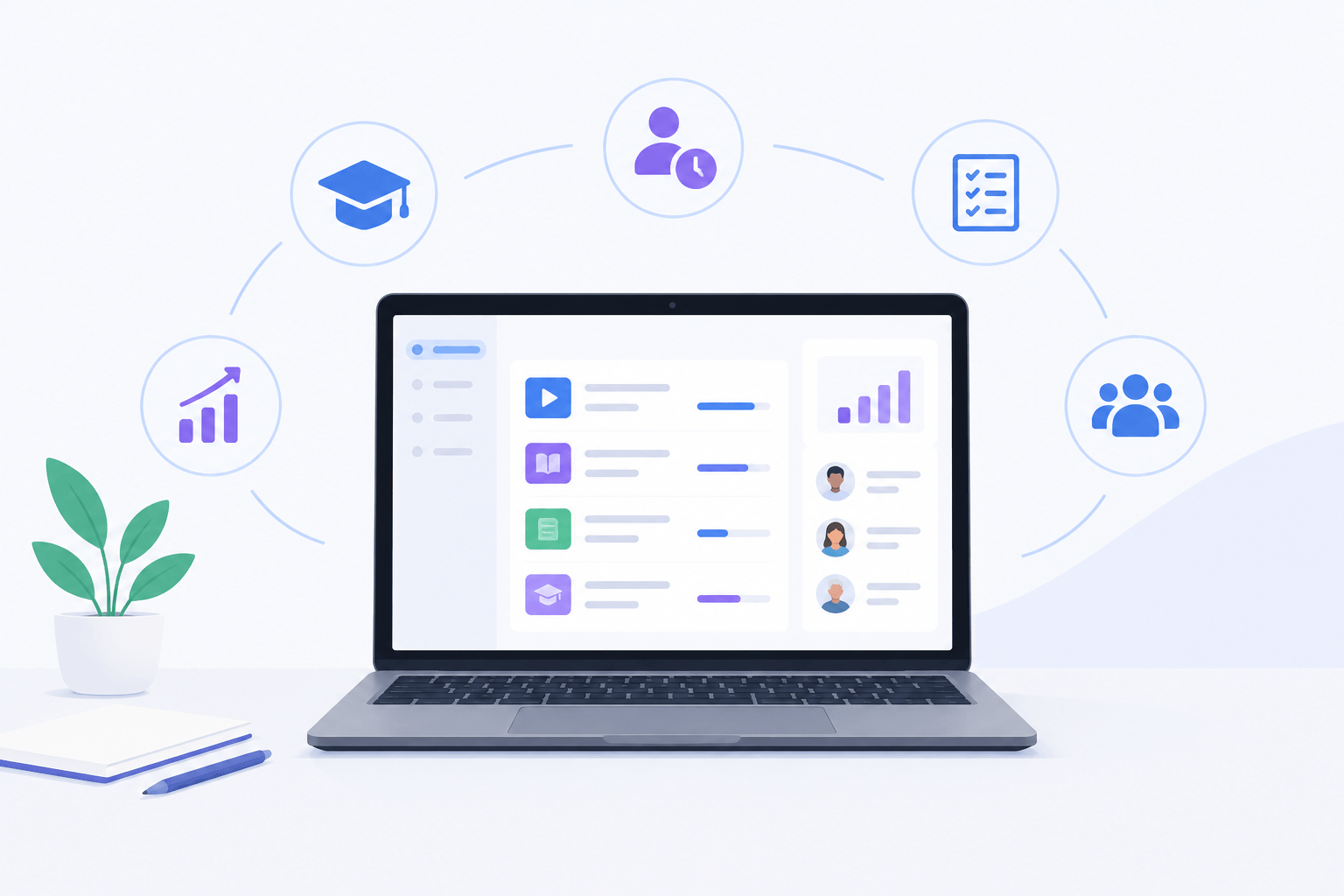 Laptop showing an LMS course dashboard with video, reading and certificate lessons, learner progress and analytics, ringed by icons for teaching, self-paced study, assessments, cohorts and growth