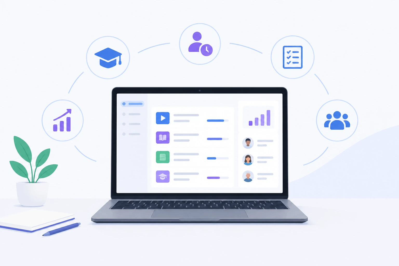 Laptop showing an LMS course dashboard with video, reading and certificate lessons, learner progress and analytics, ringed by icons for teaching, self-paced study, assessments, cohorts and growth
