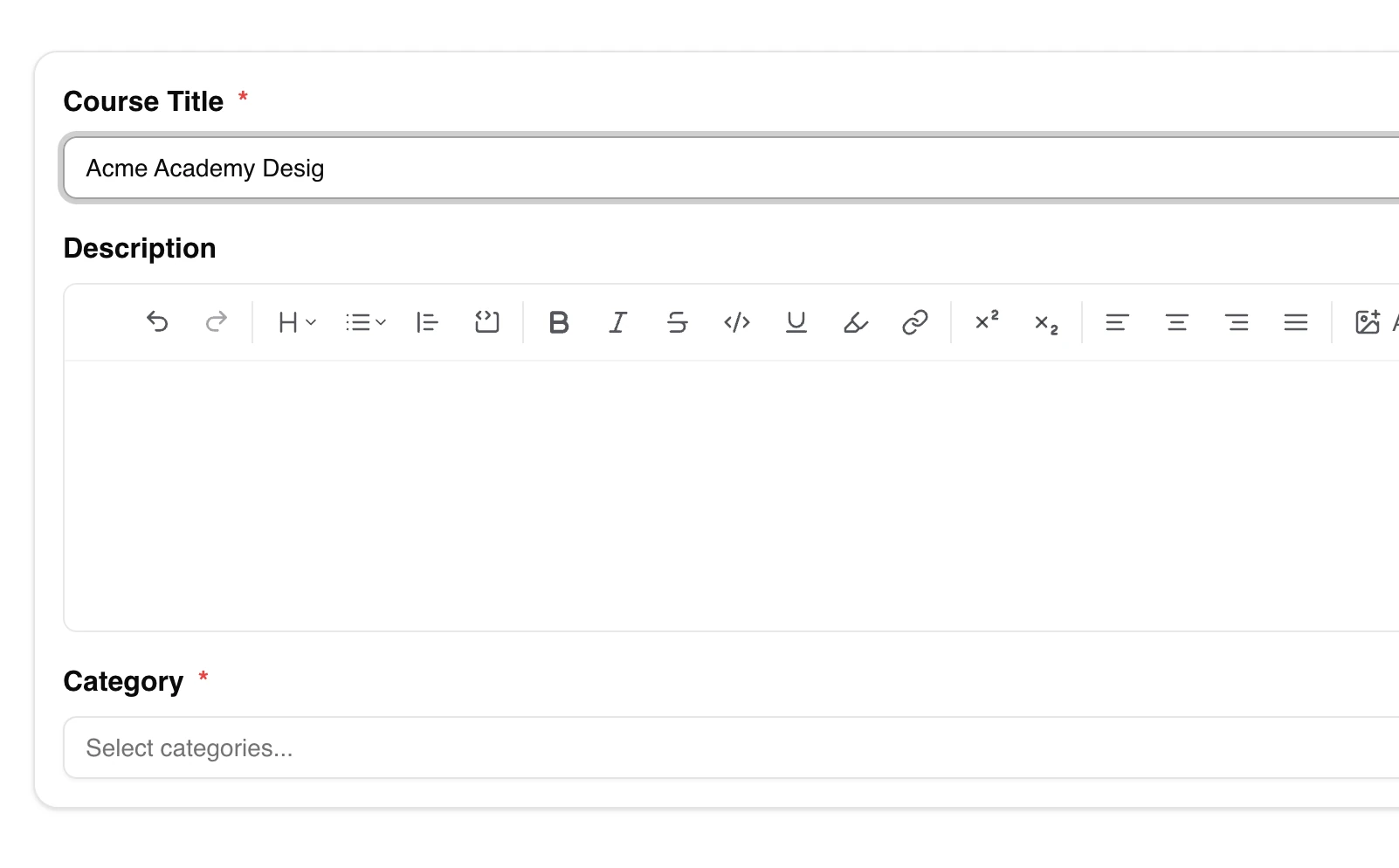 Course creation form with title, description and type